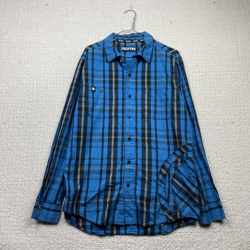 Y2K Nomis Button up Long sleeve Shirt Plaid Blue / Black Men Sz XL Skater Surf